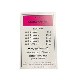 Monopoly Here Now States Ave Property Title Deed Card Replacement 2008 u